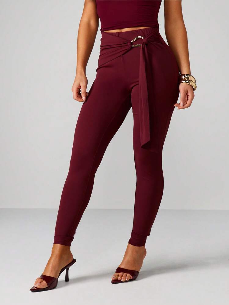 MISSGUIDED Hochtaillierte Leggings mit Bindegürtel-Detail für Frauen - Dehnbare Skinny Fit Lässig Hosen