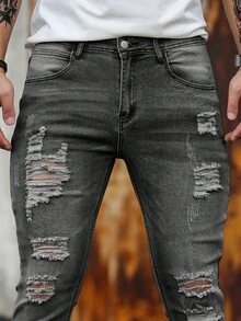 Manfinity LEGND Herren Lässig Mode Destroyed Skinny Jeans Slim Fit Lange Jeans Graue Herren Jeans Herren Zerrissene Jeans