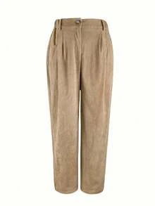 EMERY ROSE Quần ống đứng vải nhung kẻ kaki cỡ lớn dành cho nữ - Màu Khaki - Xem 3