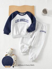 Cozy Pixies 2件套男童字母图案针织柔软圆领长袖套头衫和松紧腰裤 - 藏蓝色 - 查看 3