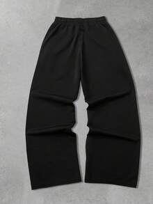 ROMWE MEN Men's Loose Comfortable Casual Sports Straight Leg Sweatpants, Black - Black - View 2