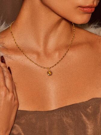 Glisma 18K Gold-Plated Tiger Eye Bead Chain Pendant Necklace, Y2K/For Mom/Women/Girl, Suitable For Fall, Autumn, Winter, Festival, Holiday, Vacation, Old Money, Halloween,Party,Night Club,Shopping,Vintage,PREMIUM,Zirconia,Rhinstone