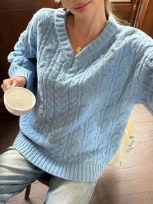DAZY Damen V-Ausschnitt Drop Shoulder Langarm Lässig Zopfmuster Loose Fit Strickpullover, Herbst - Blau - Übersicht 1