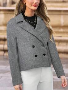 SHEIN Frenchy بليزر خفيف الوزن مزدوج الصدر بياقة صدر للنساء، لون أحادي، مناسب للعمل والتنقل والارتداء اليومي، ملابس خريف وشتاء للنساء