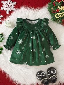 SHEIN Playful Pals 1 新款女婴时尚简约绿色丝绒雪花图案圆领荷叶边长袖拼接连衣裙，适合春秋季日常穿着、户外活动、圣诞节等场合，女婴连衣裙 - 綠色 - 查看 1