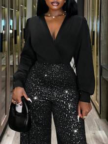 Xyvia 秋冬优雅女士 V 领宽松褶皱系带亮片连体裤，适合派对、圣诞节、万圣节、新年、约会、通勤、复古风格 - 黑色 - 查看 3