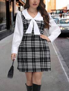 SHEIN LUNE Váy chắp vá tay đèn lồng 2 trong 1 cỡ lớn - Đen và trắng - Xem 3