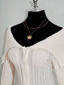 SHEIN ICON 女式露肩长袖拉链前绞花图案针织开衫，秋冬 - 彩色 - 查看 10