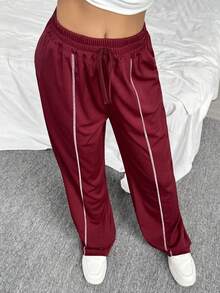 Pantalones casuales rectos de pierna ancha con dobladillo de cordón en color borgoña para adolescentes, deportes al aire libre - Rojo - Ver 3