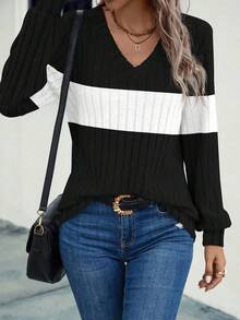 EMERY ROSE Women's Contrast V-Neck Ribbed Casual Pullover Sweatshirt - Black - View 3