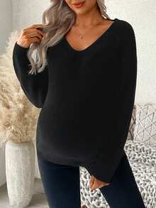 SHEIN Maternity Solid Color Loose Casual Sweater With Eyelet Back Design, Autumn/Winter - Black - View 4