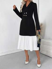SHEIN LUNE Farbblockkleid mit Doppelreiher, Rüschensaum und eleganten Langärmeln - Schwarz und Weiss - Übersicht 4