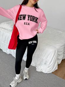 SHEIN EZwear 2 件纽约印花宽松圆领运动衫和紧身打底裤套装，秋冬 - 彩色 - 查看 6