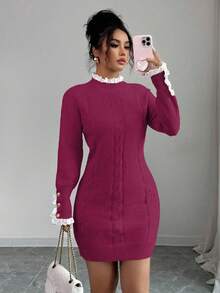 Elenzga Gaun Musim Gugur/Dingin Lengan Panjang dengan Tali Kepang, Kerah Bulat, dan Hiasan Renda, Warna Aprikot - Hot Pink - View 6