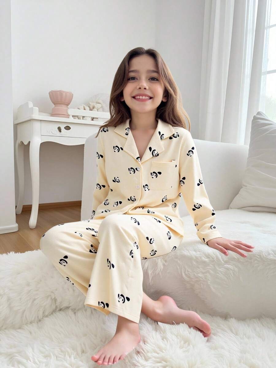 少女杏色可爱熊猫印花长袖上衣和裤子舒适两件套睡衣套装 - 杏色 - 查看 1
