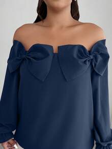 Elenzga Plus Size Women's Solid Color Bow Decor Off-Shoulder Long Sleeve Fashionable Blouse - Navy Blue - View 4