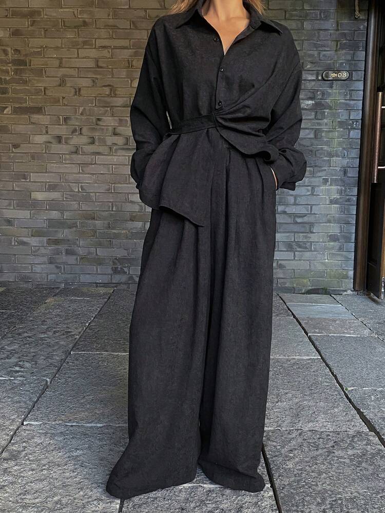 Women's Side Tie Collar Loose Shirt And Straight Leg Pants 2 Pieces Casual Set