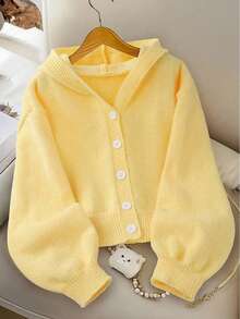 Resyla Cárdigan de punto con capucha y botones de unicolor para mujer de talla grande