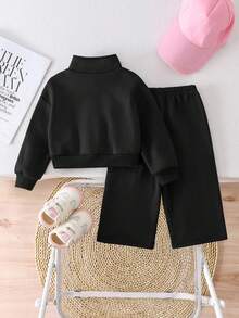 SHEIN Bộ 2 áo nỉ và quần dài cho bé gái, thiết kế chữ thêu, thích hợp mặc ngoài trời và trong nhà, mùa thu/đông - màu đen - Xem 7