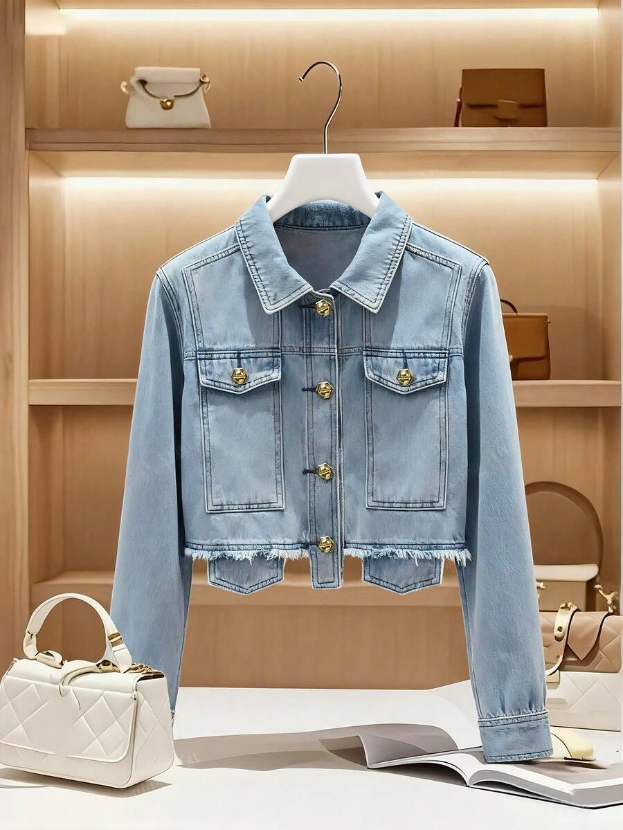 GlowEve 女式长袖金属单排扣磨损休闲牛仔夹克 - 中等水洗藍 - 查看 1
