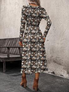 EMERY ROSE Vestido de manga larga con bloque de color y estampado floral diminuto de estilo vintage minimalista casual para mujer, adecuado para otoño/invierno - Multicolor - Ver 2