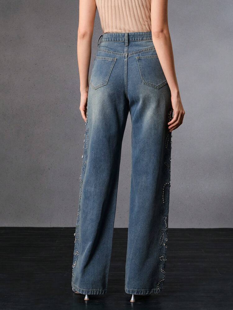 Street Fashion Heavy Embroidered Women's Blue Straight Leg Jeans
