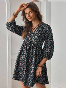 LanaWest 女式西部休闲灯芯绒印花宽松落肩罩衫连衣裙