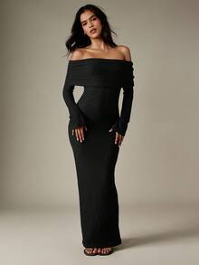 MISSGUIDED Off Shoulder Long Sleeve Knit Maxi Dress Bodycon Evening Formal Party Winter Fall - Black - View 1