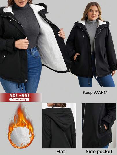 SHEIN CURVE+ Plus Size Women Hooded Fuzzy Cinched Waist Pocket Design Black Coat Autumn Winter Clothes For Women