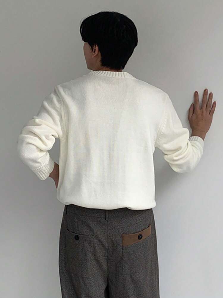Men's Textured Knit White Sweater, Suitable For Commuting In Autumn
