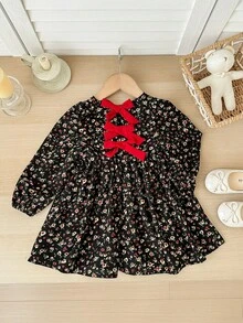 SHEIN Baby Girls Cute Vacation Casual Apricot Floral Pattern Bowknot Long Sleeve Loose Dress