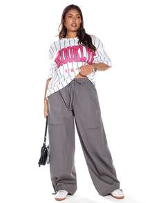 Solavibe Plus Size Women's Solid Color Tie Waist Wide Leg Loose Casual Pants,Drawstring Waist Flap Pocket Cargo  Pants,Autumn/Winter, - Dark Grey - View 2
