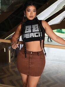 SHEIN EZwear Plus Size Women's Fashionable Pocket Mini Denim Skirt - Brown - View 4