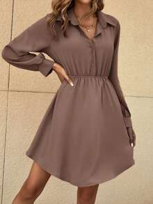 SHEIN Frenchy Gaun Kemeja Pendek Wanita Kasual Sehari-hari untuk Perjalanan, Warna Polos, dengan Ikat Pinggang, Warna Cokelat untuk Musim Semi/Gugur/Dingin - Coffee Brown - View 5