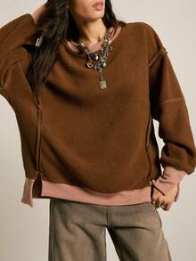 SoleilVie Women's Fleece Crew Neck Sweatshirt,Autumn Boho Casual Pink And Brown Contrast Color Slit Hem Loose Retro Warm Plush Dropped Shoulder Sweatshirt - Brown - View 1