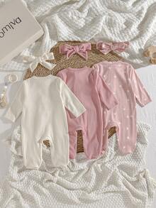 Loomiva Newborn Baby Boy/Girl Solid Color Letter Print Soft Knit Crew Neck Long Sleeve Romper + Headband Set - Multicolor - View 4