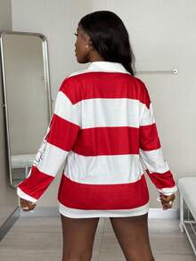 Coolane 女式夏季外出街头服饰 Y2K 条纹图案运动宽松长袖 Polo 衫 - 紅白色 - 查看 3