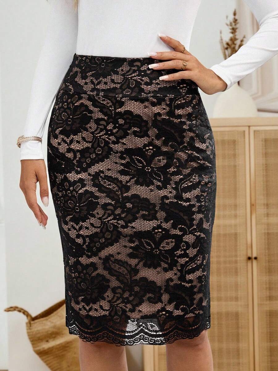SHEIN LUNE 女式花卉蕾丝高腰优雅时尚铅笔裙 - 黑色 - 查看 1