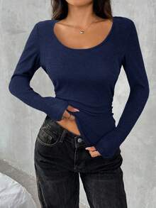 SHEIN EZwear Áo thun dài tay cổ tròn màu xanh navy cỡ lớn dành cho nữ - Màu xanh hải quân - Xem 4