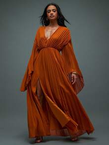 Hauture Women's Fashion Sexy V-Neck Pleated High Slit Dress - Brown - View 1