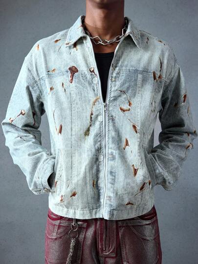 Street Life Men's Casual Denim Jacket With Zipper Closure And Graphic Print, Autumn