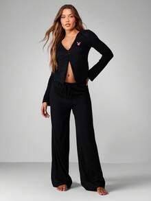 Missguided x Playboy 圣诞罗纹V领开衫搭配阔腿裤 - 黑色 - 查看 3