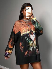 Slaydiva Nuove maglie casual da donna per autunno e inverno, adatte per il ritorno a scuola, costumi di Ognissanti, abbigliamento casual da ufficio, uso quotidiano, t-shirt oversize e morbide con slogan, loghi e stampe di ritratti punk, t-shirt casual di moda da strada per donne stile anni 2000, colore nero - Multicolore - Visualizzare 3