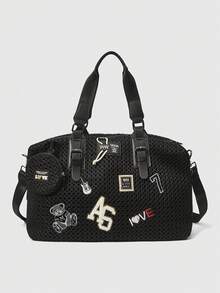 ROMWE Grunge Punk Túi Tote Nylon Keo Dán Sức Chứa Lớn, Dây Đeo Vai Có Thể Tháo Rời, Túi Tote Lưới, Túi Đeo Chéo Thời Trang Và Cá Nhân Hóa Phù Hợp Cho Du Lịch Và Giải Trí Kỳ Nghỉ. Đây Là Món Quà Hoàn Hảo Cho Các Lễ Hội, Kỷ Niệm Và Sinh Nhật - màu đen - Xem 1