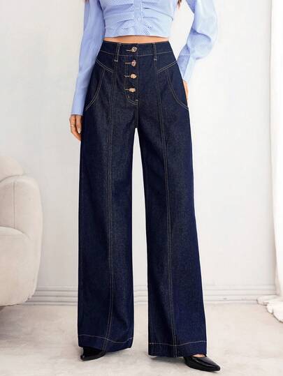 Elenzga Navy Blue Straight Leg Jeans, Non-Stretch