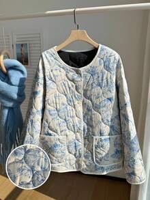 SHEIN EZwear 加大码加厚棉服外套，秋冬花卉印花夹克绗缝夹克女士绗缝夹克 - 彩色 - 查看 1