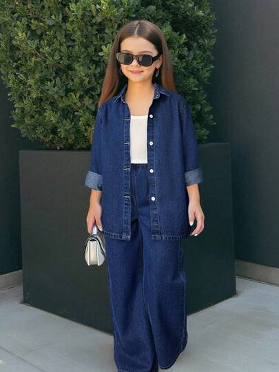 Firerie Kids Firerie Kids 2 delar tween flickor mode casual y2k vintage cool gatuåterkomst till skolan college tvådelat set med grundläggande enkelt och bekvämt mörkblått denim löst skjorta och lösa bekväma och enkla jeans för barnkläder tween flickor mjuka vardagskläder och barn vinter och höst rave outfits festival och outfits streetwear kläder tvådelat denimset flickjejer denimset denimset denimset för tonårsflickor