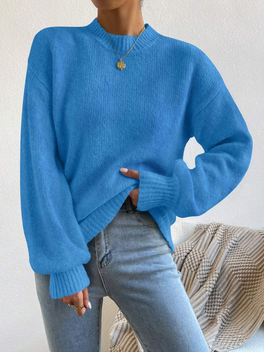 EMERY ROSE Women's Bright Blue Round Neck Drop Shoulder Lantern Sleeve Wool Blend Pullover Sweater - Blue - View 1