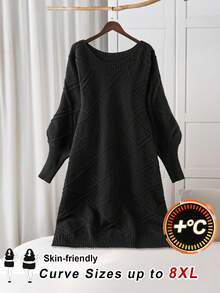 SHEIN CURVE+ 大码女式黑色蝙蝠袖休闲针织毛衣裙，秋冬针织裙 - 黑色 - 查看 7