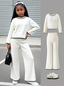 2 Stücke/Set Neuer Kontrast-Farben Strick Lässiger modischer Langarm-Top und locker anliegende elegante Hose Anzug Damen Outfit Strick Set Outfit Set Zweiteiler Set Kleidung Set Zweiteiler Set Damen - Weiss - Übersicht 1
